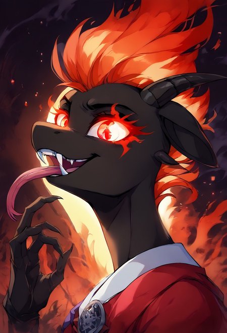 score_9, score_8_up, score_7_up, (4k quality, high resolution, additional details), <lora:Dark_Aura_for_Pony:1> dark aura, 1 girl, female dragon (hairless), anthropomorphic dragon, half-open black webbed wings on the back (golden inside), wizard, armor covering the entire body, pattern on the armor, red robe with a golden pattern, female, black scales, predatory fiery red eyes (detail), four black horns on the head, (medium breast, natural breast), (head tilt), head tilted back, <lora:shaft_head_tilt-PD-1.0:1>, shaft head tilt, open mouth, abstract background, glowing eyes, fangs, grin, tongue out, snake tongue, gloomy colors, dark aura, horror, <lora:_sdxl-burningeye-pony:0.9> burningeye, flaming eye,