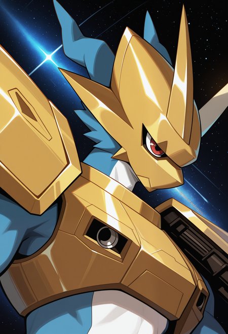 masterpiece,best quality,amazing quality, 1boy, solo, m4gn4m0n, digimon (creature), gold helmet, gold breastplate, gold pauldrons, red eyes, space, close up, side angle, attack, 