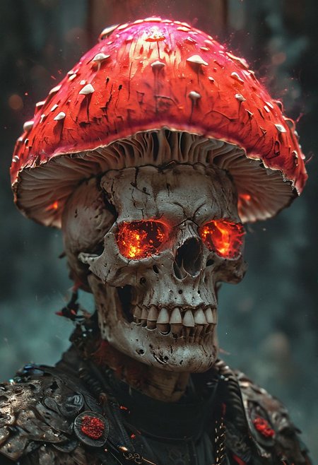 man,fungus, funji king,mushroom,half skull mask,red gas,glowing gas,concept art,character,