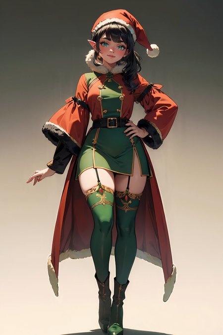 (masterpiece, best quality, highres, high resolution:1.2), extremely detailed, intricate details, 1girl, solo, looking at viewer, clamEmma, <lora:clamEmma:0.6>, (simple background, white background:1.2), full body, santa's elf, green outfit, stocking cap, high heel boots, smile, side-swept bangs, black hair, pink IncursioDipDyedHair, messy mid ponytail, green eyes, thick eyebrows, freckles, <lora:DipDyedHair:0.8>, <lora:weight_slider_v2:0.25>, (cinematic lighting, bloom, volumetric)