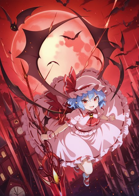 absurdres, highres, masterpiece, best quality, amazing quality, official anime artwork, screencap, anime screencap, outdoors, looking at viewer, smile, open mouth, dynamic pose, 
bat, brooch, castle, clock tower, flying, full moon, light particles, moon, night, night sky, red moon, red sky, scarlet devil mansion, spear the gungnir, star \(sky\), starry sky, tower, 
 <lora:Remilia_Scarlet:1> Remilia Scarlet, 1girl, solo, red eyes, blue hair, short hair, wings, bat wings,, hat, hat ribbon, ribbon, ascot, short sleeves, frills, puffy sleeves,