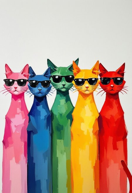 oil painting of 5 kittens in a row wearing sunglasses.They are pink,blue,green,yellow,red.
in the style of frank frazetta