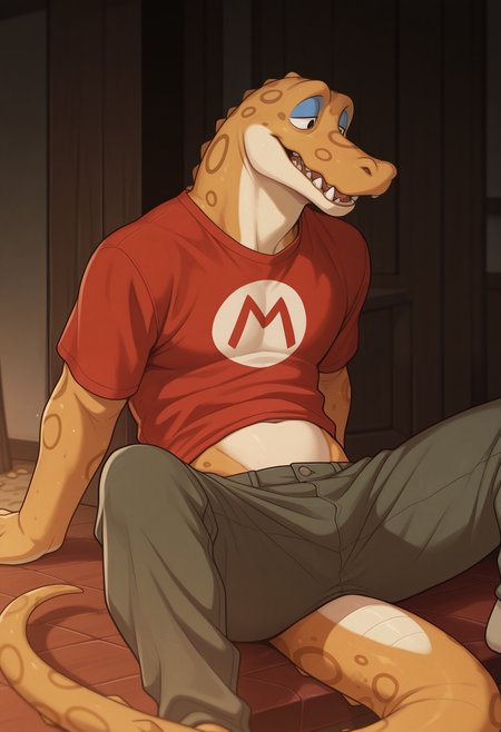 masterpiece, best quality, amazing quality, solo, 1boy, AlfonsoAC, red shirt, sitting, tail, pants
