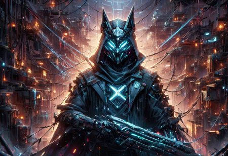 Techwear fashion (((Ultra-detailed, Hyper-realistic, 8k, highres, masterpiece))),(full length highly detailed intricate cyborg demonic-skeletal) (extremely tattered cloak),((highly detailed intricate tech body,vibrant colours,decaying parts, Intricate exposed wiring, exposed wires,exposed circuitry,electric glow)),((highly detailed cyber-skeletal head,signs of decay,exposed wiring, exposed wires,exposed circuitry,electric glowing eyes)),(((random pose))),in a highly detailed Labratory background with Test tubes,holographic screens,covered in pulsing electricity,cyber setting,cinematic,realistic,science fiction,dark colours,background light,<lora:add-detail-xl:1>,<lora:X:0.8>,<lora:cyberpunk:0.8>,tooimage,cyberpunk,futuristic city,<lora:Cyberpunk Kit By Cyberscap:0.8>, robot,cyberpunk,1girl, . Futuristic, cyberpunk, urban, tactical, sleek, dark, highly detailed