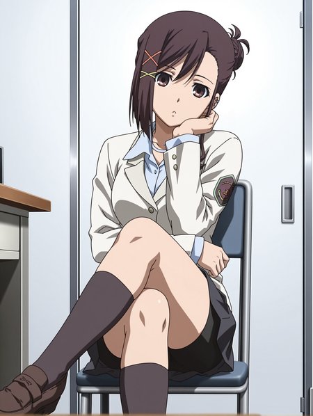 masterpiece,best quality,newest,
1girl,solo,
anime screencap,<lora:sakurai_kanade_ilxl_v1.0>,brown hair,single hair bun,x hair ornament,brown eyes,short hair,
k_clothes,uniform,white jacket,shirt,black skirt,black shorts under skirt,black socks,loafers,
<lora:Fixhands_anime_bdsqlsz_V1:1>,looking_at_screen,sitting_on_chair,crossed_legs,white_background,simple_background,looking_at_viewer,front view,