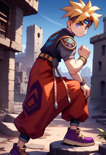 score_9, score_8_up, score_7_up, source_furry, FMW1, 1boy, (gradient eyes:1.5), terranigmark, spiky blonde hair, pauldrons with faces, jeweled headband, purple print shirt, gray sleeves, bracelets, belt with dangling straps, red baggy pants, purple shoes, outdoors, town, ruins, dust,