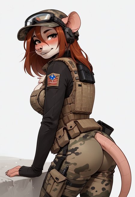 score_9, score_8_up, score_7_up, score_6_up, 1 anthro rat girl,  leaning on cabinets, sexy face, sexy , wearing military camo baseball cap, military skii visor, cute face, hazel eyes shy , nose blush, small boobs, cleavage, chest up, military dark camo outfit, military bulletproof vest, tactical gear, tactical belt, modern military suit, wearing only bottom, outside background, ear protections, shooting weapon, rear view, butt view behind view, leggings, side exposed boobs