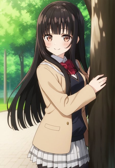 score_9, score_8_up, score_7_up, source_anime, ayasemiharu, 1girl, long hair, black hair, blunt bangs, brown eyes, (perfect female body:1.2), breasts, small waist, (incredibly detailed:1.4), (blush, gentle smile), school uniform, black uniform, brown jacket , sleeves, pleated skirt, black thighhigh, Outdoor, forest, park background, Standing, Standing against a tree