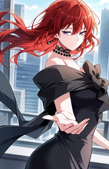 <lora:Claire_Bladeheart_v2__The_Beginning_After_the_End__Illustrious-000006:1>
1 girl, solo, elegant woman, short red hair, long red hair, purple eyes, 
black off-shoulder dress, large bow on chest, pearl necklace, black choker, dangling earrings, slim waist
score_9, score_8_up, score_7_up, very aesthetic, source_anime, detailed, high quality, beautiful, masterpiece, detailed eyes, cityview, blurry background, pose dynamic angle, upper body, cowboy shot, light smile, looking back, reaching out, floating hair