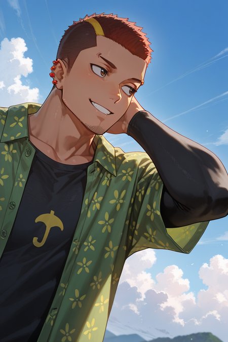 looking away, expressive happy face,male solo, solo, 1boy,  UnjiZuma, facial hair, chin stubble, zuma_ear_piercings, zuma_eyebrow_piercing, zuma_oversized_shirt_with_flower_patterns, tight longsleeves, smiling, outdoors day clouds, blue sky, close up, upper body, from below, dutch angle, dynamic angle, dynamic action, atmospheric perspective, cinematic, intricately detailed illustration, depth of field, masterpiece, best quality, amazing quality, very aesthetic, absurdres, newest,