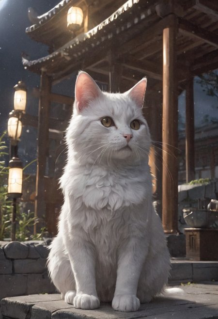 White fantasy Neko glowing with mysterious light under the midnight moonlight, Japanese shrine, Japanese mythology, novel comic graphic style, 2D, 8K, hyperrealism, masterpiece,