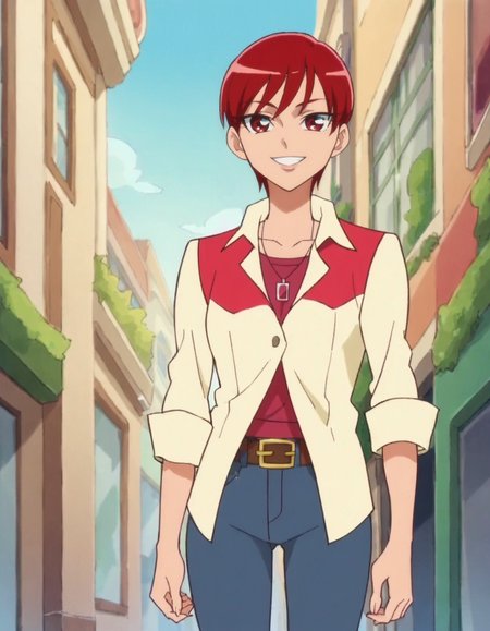 score_9, score_8_up, score_7_up, anime screencap, solo,1girl,kenjouakira,  shirt,pants, denim, belt, jeans,  smile,  jewelry, looking at viewer,   cowboy shot,medium breasts,wide hip<lora:kenjouakira:0.8>