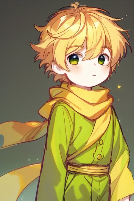 {{masterpiece}},best quality,illustration,1 male kid,prince,rose,floating short hair,yellow hair,long yellow scarf,green clothes,rose,closeup,chibi