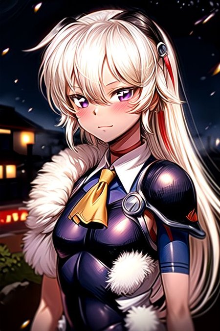 best quality 1girl Setsun4 solo long hair,  (night time) forest background black hair very long hair purple eyes multicolored hair armor, small, (fur trim) (medium body),<lora:EMS-179-EMS:0.800000>,<lora:EMS-293862-EMS:0.800000> bow, hair_bow, hair_tubes, red_bow, brown_hair, long_hair, bangs, ascot, frilled_bow, yellow_ascot, blush, smile, hair_between_eyes, athletic, armor, miko, strengthmda,  Smiling, happy, helmet