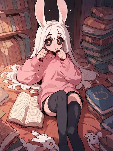source_anime, score_9, score_8_up, score_7_up, score_6_up, score_5_up,  pink sweater, open book, rabbit girl, rubbing eyes, black sclera, thighhighs,  <lora:D4lm4uXLP:1> d4lm4u