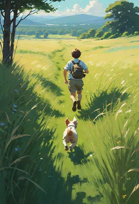 Adventure in the Park (Image: Leo and puppy  running through a grassy field), acrylic painting, trending on pixiv fanbox, palette knife and brush strokes, style of makoto shinkai jamie wyeth james gilleard edward hopper greg rutkowski studio ghibli genshin impact