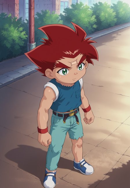 score_9, score_7_up, source_anime

DaichiSumeragi, 1boy, male focus, male child, solo, green eyes, red hair, spiked hair, scar, scar on forehead, shirt, blue shirt, sleeves rolled up, wristband, belt, denim, asymmetrical pants,

outdoor, 
