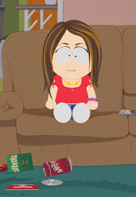 score_9, score_8_up, score_7_up, ((best quality, masterpiece, hi res, perfect hands, perfect eyes, perfect skin, perfect foot, focus face)), Tammy Warner from south park, 1girl, long streaked brown hair with blonde highlights, black dot eyes, black mascara,
red shirt, blue denim shorts, golden heart necklace, pink and purple bracelet. wears dark blue shoes, white socks with light blue stripes,
(sexy pose),
seductive smile,
sitting on a couch, cans