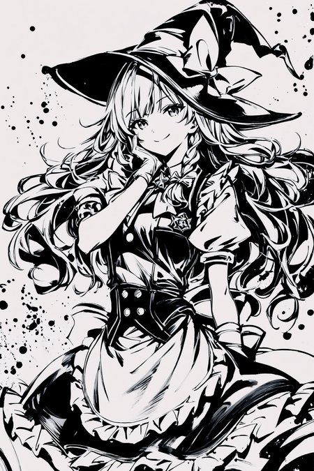 score_9,score_8_up,score_7_up,masterpiece,best quality,
ink \(medium\),monochrome,greyscale,1girl,solo,kirisame marisa,hat,long hair,gloves,braid,witch hat,star (symbol),bow,looking at viewer,short sleeves,single braid,white gloves,puffy sleeves,hat bow,puffy short sleeves,apron,side braid,vest,cowboy shot,black headwear,dress,closed mouth,frills,smile,skirt,adapted costume,waist apron,hair bow,hand on own face,ribbon,bowtie,shirt,
<lora:okazu_XL_PONY:1>,