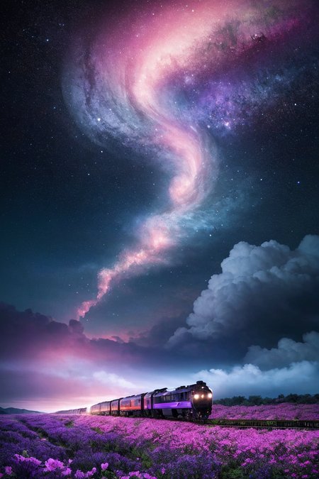 Hyperrealistic train detailed with blooming flowers, ethereal cloud animals with shimmering outlines, passengers gazing in awe, vast sky with swirling galaxies, cosmic colors (purples, blues, pinks), dramatic lighting, mystical atmosphere,