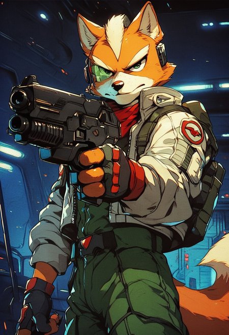 score_9, score_8, score_7, score_6, 1boy, solo, knva, halftone effect, science fiction, Fox mccloud, anthro furry, furry male, spaceship, dynamic pose, (((gun, sci-fi gun)))