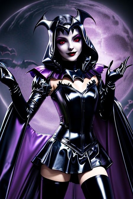 MEvil, EvlSM, Bad_End_Precure, DarkPrecure, adult, evil corrupted princess wearing dark pastel (ruffled:1) (gleaming latex:1) (sailor senshi uniform) with (long latex vampire cloak:1.5) and latex gauntlets, soft lighting, ruffles,
( long legs, crescent, crescent facial mark, makeup, lipstick, mascara, eyeshadow),
(red eyes, colored skin, glowing eyes, evil smile),
(vmpr),
<lora:more_details:0.5>,