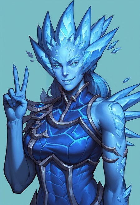 score_9, score_8_up, score_8, source_anime, 1girl, <lora:Vyranoth:0.9> , ice, blue skin, blue eyes, blue hair, breasts, looking at viewer, smile, upper body, v sign, 
simple background, teal background,