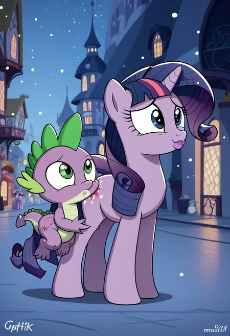 score_9, score_8_up, score_7_up, (Twilight Rarity and Spike Together mlp detailed face cutie mark night time city background snowing 1.2), cute, very fuzzy,(detailed background), safe_rating