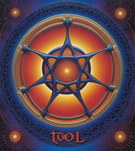 Tool Metal album cover, style by Alex Gray, (write text: "TOOL")