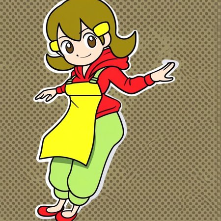 1girl, human, 5-volt, brown hair, red hoodie, yellow apron, green pants, red slippers