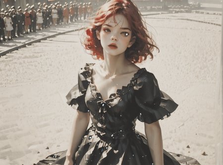score_9, score_8_up, score_7_up, Fighting scene, shot from above, looking up against all odds, 1girl, pale skin, medium breasts, <lora:sm0k3XLP:1>, <lora:goth_clothes:1>, lollita dress, black dress, lollita, red details, Long white hair, young face, <lora:Our_Muted_Future_Style:1>, <lora:Coal_and_Oil:1>, in a spawling mining cavern,