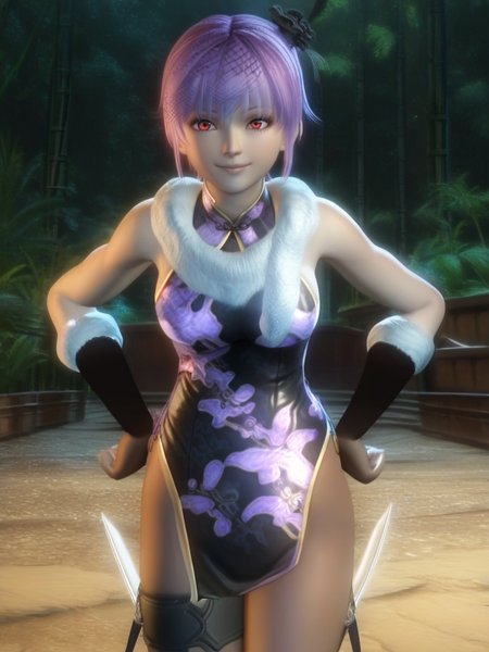 score_9, score_8_up, score_7_up, 1girl, hands on hips, dynamic pose, smile, looking at viewer, bamboo forest, (cowboy shot:1.1), cute pose,
 <lora:AyaneXL_character:1>, AyaneXLP, purple hair, short hair, red eyes, thigh strap, chinese clothes, knife, china dress, white scarf, screencap,