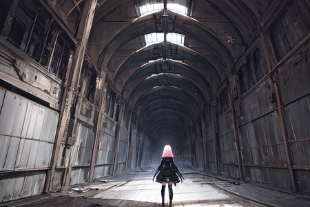 highly insanely detailed, masterpiece, top quality, best quality, highres, 4k, 8k, RAW photo, (very aesthetic, beautiful and aesthetic),  
tsutomu nihei,nihei_tsutomu,blame!,blame gakuen!,abara,TNstyle,sidonia_no_kishi,(hangar,giant room,deep horizon,city ruins,tunnel), 
<lora:blameLora_v10:0>, 
(1girl:1.3), 
solo focus, 
in dungeon,light pink background,âââ