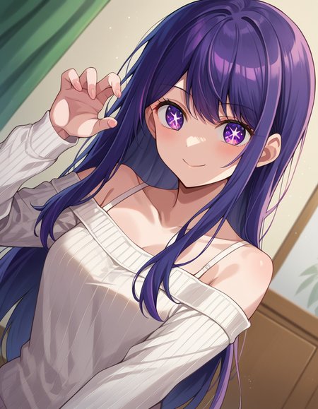 score_9, score_8_up, score_7_up, source_anime,
aihoshino, <lora:ai-hoshino-ponyxl-lora-nochekaiser:1>,
ai hoshino, long hair, bangs, purple eyes, purple hair, symbol-shaped pupils, smile,
long sleeves, sweater, ribbed sweater, camisole, white camisole,
indoors,
looking at viewer, cowboy shot, dutch angle, dynamic pose,