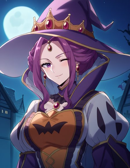 score_9, score_8_up, score_7_up, source_anime, <lora:mirelia-q-melromarc-s1s2s3-ponyxl-lora-nochekaiser:1>, mirelia q melromarc, purple hair, purple eyes, large breasts,, <lora:witch-ponyxl-lora-nochekaiser:1>, witch, hat, witch hat, dress, halloween, halloween costume, jewelry,, night, moon, blush, smile, one eye closed,, , dutch angle, cowboy shot