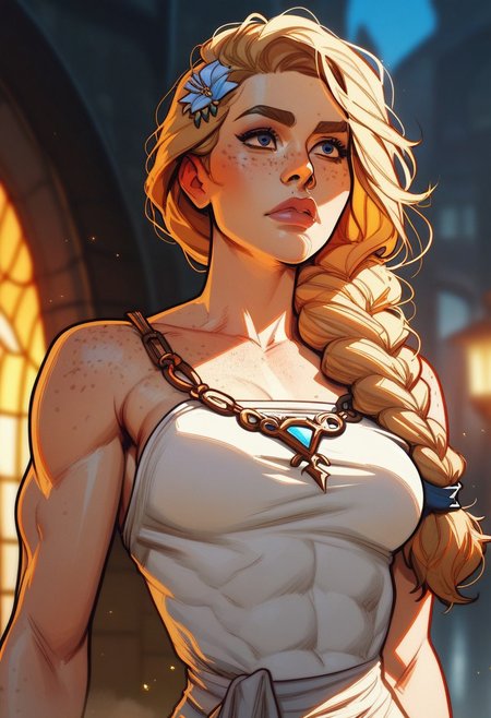 score_9, score_8_up, score_8, score_7_up, score_7, score_6_up, score_6, score_5_up, Score_5,blonde hair, braided ponytail, greek clothes, hair flower, white dress, (soft abs, slim fit, toned, biceps, freckles:1.4), , vox machine style, 1girl, female focus, solo, close up portrait, fantasy, medieval city background, (dynamic lighting:1.1) ((masterpiece))
Hide