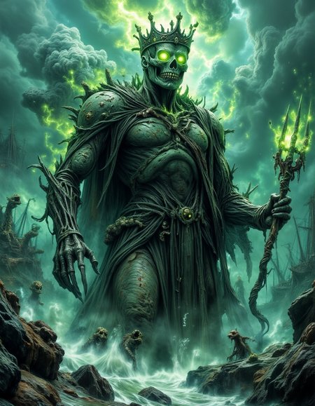 The Drowned Kingâs Awakening A massive skeletal figure, clad in barnacle-encrusted armor, rises from the ocean depths, his empty sockets glowing with eerie green fire. His corroded crown, still clinging to his skull, bears the weight of forgotten rulership. Around him, wreckage from countless ships floats in the churning sea, their tattered sails whispering of lost ages. His rusted trident, dripping with spectral energy, crackles with the power of the deep, calling forth an army of rotting drowned warriors from beneath the waves. The storm above rumbles with ghostly voices, as if the sea itself welcomes its lost king home. The atmosphere is mythical, eerie, and commanding, depicting the return of a ruler whose throne is the abyss itself.
<lora:dark-fantasy-flux:1>
