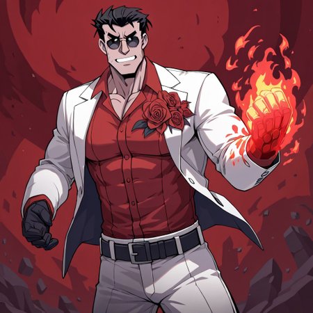 masterpiece, best quality, newest, absurdres, highres, FFILV1.0, flaming hand, flame, fire, 1boy, helltaker (helltaker), black hair, short hair, muscular, muscular male,
sunglasses, glasses, 
white jacket, white pants, black belt, red shirt, formal clothes, flower in clothes, open jacket