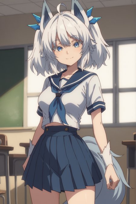 score_9, score_8_up, score_7_up, score_6_up, score_5_up, score_4_up, BREAK source_anime, 1girl,
<lora:RedoSetsunaXL-v2-07:0.7>, ChopioSetsuna, white hair, blue eyes,
medium breasts, wolf girl, wolf ears, arm fur, wolf tail, narrow waist, petite,
medium hair, twintails, hair ornament, ahoge,
white serafuku, blue sailor collar, white shirt, blue neckerchief, blue skirt, pleated skirt,
classroom, standing, smile, seductive pose,