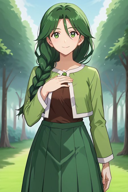 score_9, score_8_up, score_7_up, source_anime, rating_safe, intricate details, anime screencap, official style, 1girl, solo, <lora:PONY_Cheryl_v2:1>, cheryl, green eyes, green hair, hair over shoulder, single braid, green jacket, brown shirt, long sleeves, green skirt, pleated skirt, long skirt, looking at viewer, outdoor, hand on chest, forest background, smile