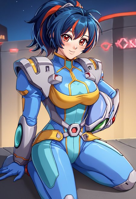 score_9, score_8_up, score_7_up, <lora:offset_0.2:0.1>, <lora:spo_sdxl_10ep_4k-data_lora_webui:1>, BREAK,
1girl, solo, BREAK,
zhu yuan, ponytail, red eyes, BREAK,
srwbluepilotsuit, blue bodysuit, pauldrons, wrist guards, metal belt, grey armor, helmet, helmet removed, no headwear, unworn helmet, holding helmet, <lora:Pilot_suit__Super_Robot_Wars:1>, BREAK,
smile, blush, looking at viewer, feet out of frame, BREAK,
outdoors, city, night, neon lights