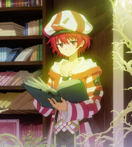 (bokanade), masterpiece, cowboy shot, reading book in library, solo, books, wood bookshelf,  hat, wooden bookshelves lining the walls, natural light illuminating the room
<lora:bofuri_extract_convP01_linearP04:1>
