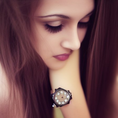 sexy girl, long hair, jewelry, brown hair, smooth skin, watch, black hair, brown eyes, realistic, beautiful makeup, bangs, black eyes, wristwatch, lips