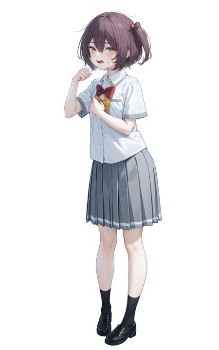 8k, best quality, masterpiece, (ultra-detailed), (high detailed skin), 
(full body:1.25), (white background:1.4), (simple background), standing, looking at viewer, (solo:1.2), making faces, 
<lora:Komari-a3-Tanger-000014:0.8>, Komari, default clothes, school uniform, 1girl, 4 bows, grey pleated skirt, bowtie, short sleeves, white collared shirt,