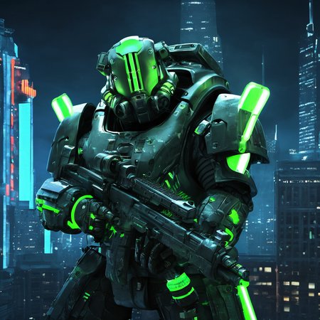 sfw, masterpiece, best quality,absurderes,iray render,1boy,solo,power armor,helmet,holding gun,science fiction, cityscape,neon lights,cyberpunk, <lora:mydazexpanded2:0.7>
