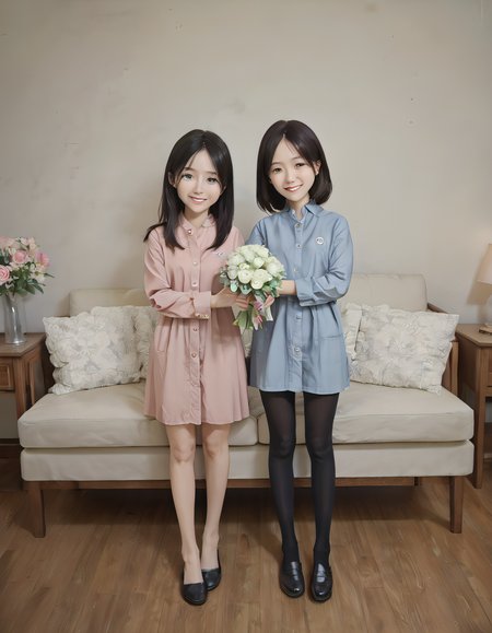 (score_9_up, score_9, score_8_up, score_7_up), ((masterpiece)), ((best quality)), 2girls, child offering flowers to mother, young girl offering a bouquet of flowers, warm smile, soft eyes, tender moment, cozy living room with warm light, soft pastels with warm highlights, cinematic anime style, Suzune, Long, black hair, Sharp, blue eyes, fair skin, Slender build, Neat appearance, School uniform, Long sleeves, Buttoned shirt, Dark stockings, Black shoes, soymszn,