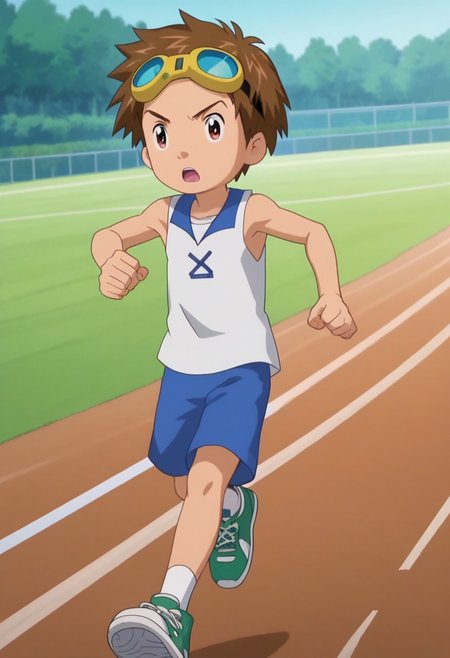 score_8, score_8_up, score_7_up, score_6_up, source_anime, anime screencap, BREAK, 1boy, solo, male focus,  goggles on head, brown hair, brown eyes, white tanktop,  shorts, running, athletics field, sneakers, shoes, green footwear