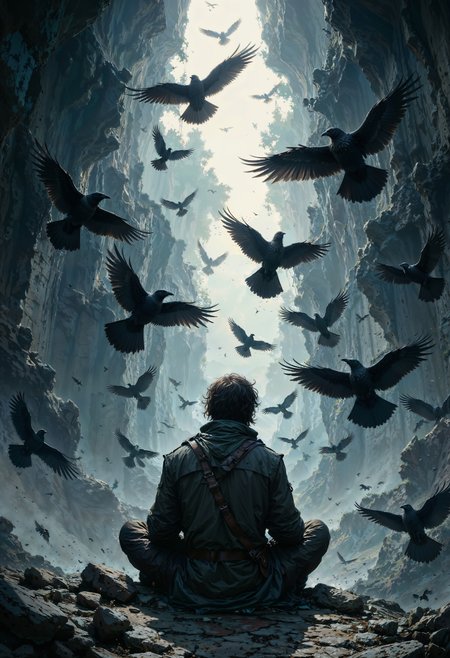 a dramatic and atmospheric scene. The layout is vertical, focusing on a central figure sitting with their back to the viewer, surrounded by a multitude of crows in flight. The figure appears to be wearing tattered clothing, suggesting a rugged or mysterious character. The background is a swirling mix of dark and light shades, creating a sense of depth and movement. The crows are detailed, with outstretched wings and varied positions, adding dynamic energy to the scene. The overall color palette is dominated by dark blues, grays, and blacks, with subtle highlights that enhance the moody and enigmatic atmosphere. The composition draws the eye upwards, following the flight of the birds into a lighter area at the top, suggesting an opening or sky. The style is illustrative, with a focus on texture and contrast, creating a visually striking and immersive image.
