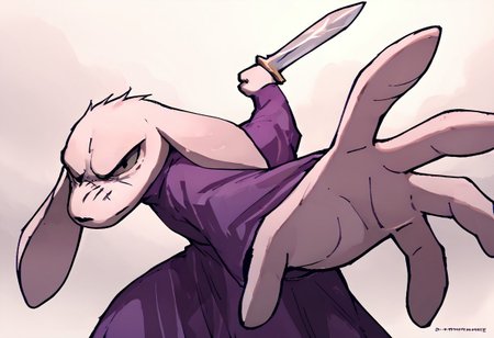 score_9, score_8_up, score_7_up, source_anime, 1boy, IncrsPunchMeme, incoming punch, <lora:PepePunchMeme_XLPD:1>, king, sword, scar, purple dress, long ears, furry, serious expression