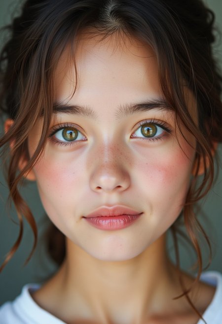 A stunning teenage girl with flawless model-like facial features, flawless light pale skin, a slight smile, youthful innocent charm, minimal makeup, and large captivating eyes.  Her eyes are unnaturally large and colorful.